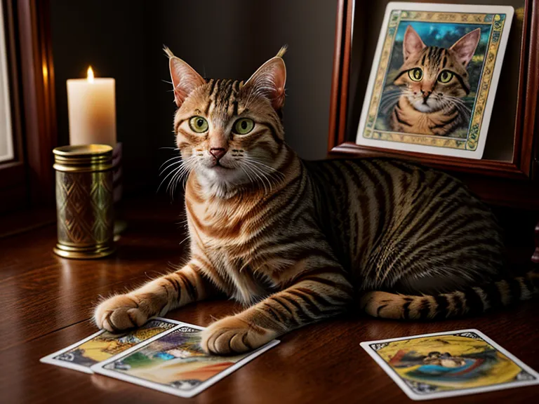 Gata Vega junto a una tirada de tres cartas de tarot en un ambiente doméstico.