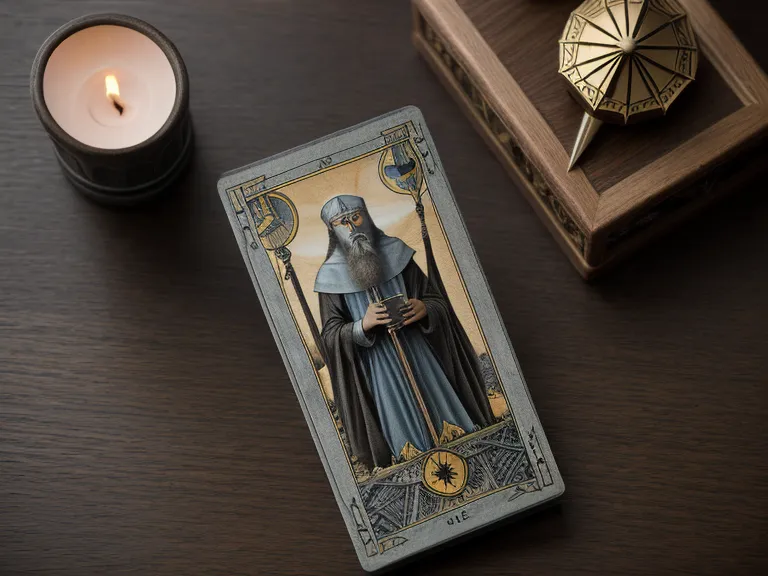Primer plano de cartas de Tarot de Marsella analizadas con regla sobre mesa de madera